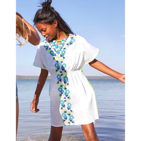 BODEN Girls Floral Embroidered Mexican Kaftan Dress in White / Blue/ Neon Yellow - Picture 10 of 10